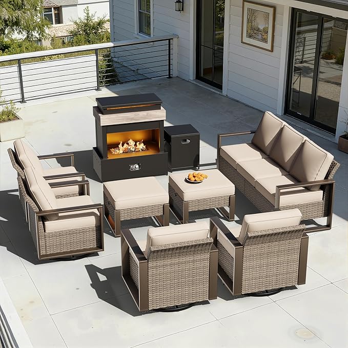 8 Pieces Metal Wicker Patio Furniture Set - 75" Sofa, Four Swivel Chairs and Two Ottomans, One Fireplace All Weather Rattan Outdoor Conversation Furniture with Washable Cushion for Deck, Beige