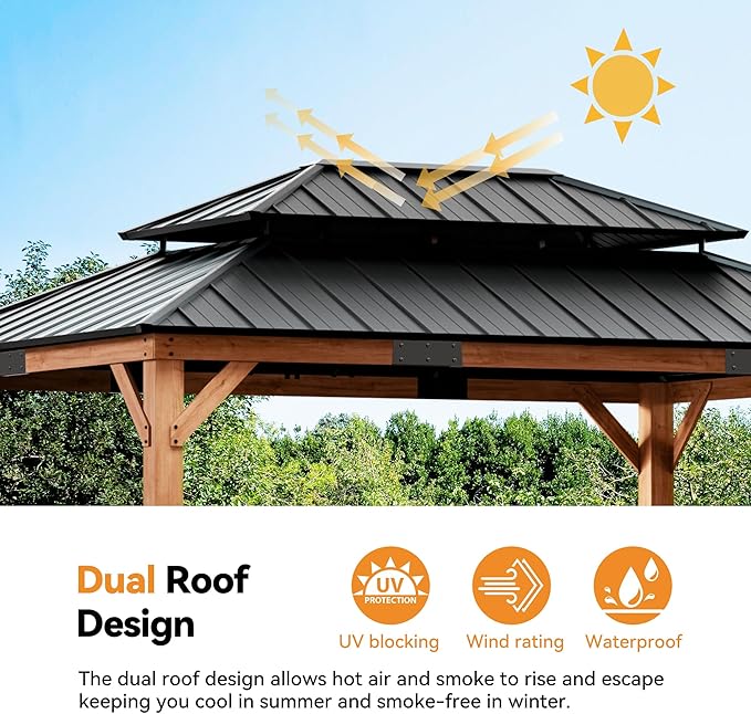 Modern Shade Rosewood Wood Gazebo 12' x 16', Hardtop Gazebo Permanent with Double Galvanized Steel Roof, Cedar Outdoor Gazebo with Sturdy Hooks for Garden, Backyard, Patio, and Deck