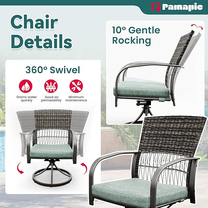 Pamapic 7-Piece Outdoor Dining Set with Swivel Rocker Chairs, Wicker Patio Furniture for 6, Poolside Garden Deck with Iron Table & Removable Cushions (Green)
