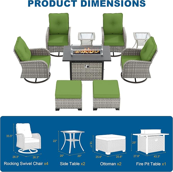 9-Piece Small Patio Furniture Set, Outdoor Swivel Rocking Chairs Set with 55,000 BTU Fire Pit Table Wicker Chairs and Ottomans, Patio Bistro Set for Balcony, Deck, Porch, Grass Green