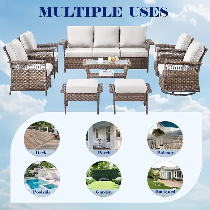 Outdoor Patio Rocking Swivel Chairs - 3PC Wicker Patio Bistro Rocker Chair Set,Rattan Glider Chair with Sturdy Frame,All-Weather PE Wicker and Cushions,1 Side Table for Deck Porch Balcony(Brown/Beige)