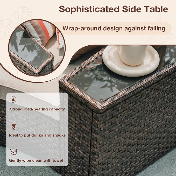 SUNSITT Rattan PE Resin Wicker Patio Side Table 2-Pack Sofa Wedge End Table with Tempered Glass Top, Brown