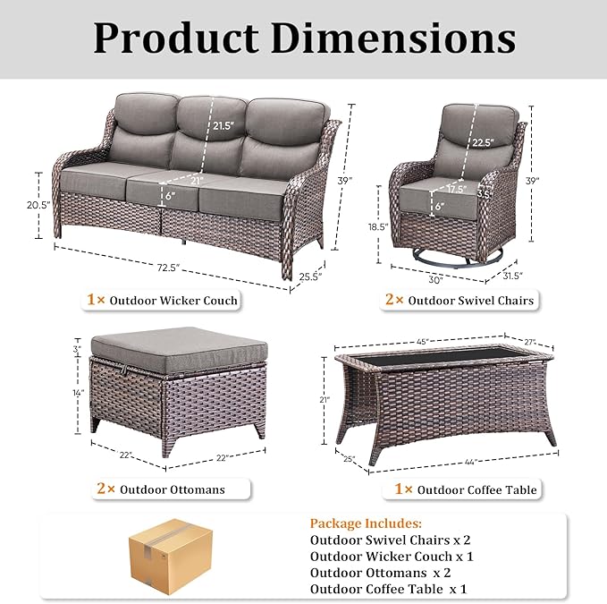 Luxury High Back Patio Furniture Set with 6-Inch Thick Cushions, 6-Pieces Outdoor Furniture with Swivel Chairs, Wicker Conversation Set for Porch, Balcony, Deck and Yard, Brown/Grey
