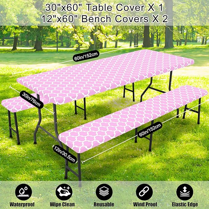 Smiry Picnic Table Cover with Bench Covers, Waterproof Elastic Fitted Tablecloth for 5 Foot Tables, Washable Polyester Tablecloths for Camping, Indoor & Outdoor (Pink, 30x60 Inch 3-pc Set)