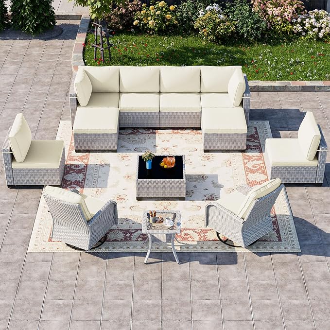 12-Piece Patio Furniture Set, Outdoor Patio Furniture with Swivel Chairs Set, Ottomans, Modular Patio Sofa, Dual-Strand Wicker Rattan, Rust-Resistant Frame, Ivory