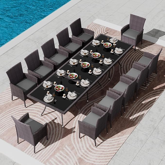 Kullavik 15 Pieces Outdoor Dining Set Patio Rattan Furniture Set,Patio Dining Table and Chairs Set with 12 Chairs and Cushions,Square Glass Tabletop with Umbrella Hole for Patio,Backyard,Grey
