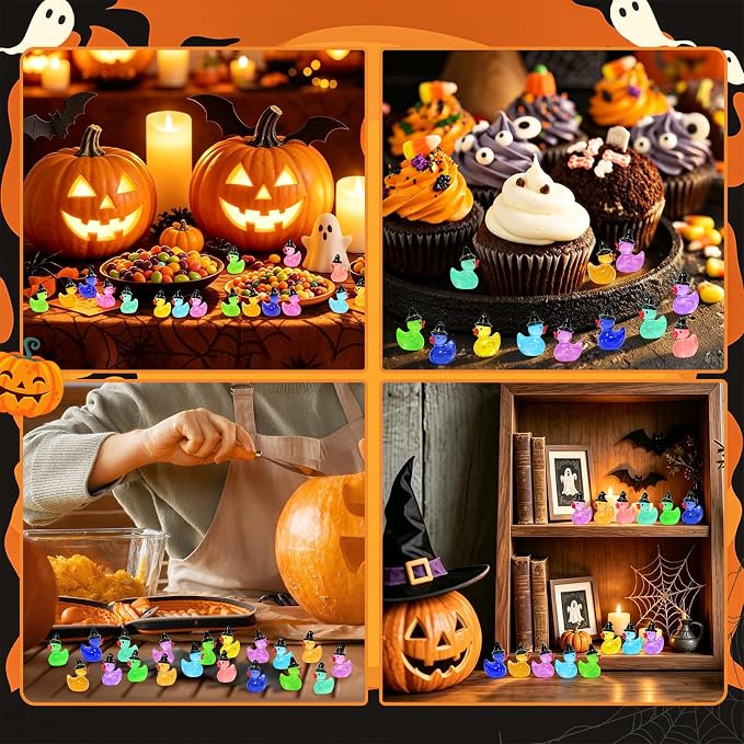 100 Pcs Halloween Luminous Mini Resin Ducks Glow in the Dark Tiny Little Plastic Duck Figures with Witch Hat Miniature Figurines for Crafts Micro Landscape Fairy Garden Party Decor