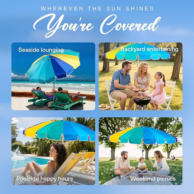 AMMSUN 7.5ft Heavy Duty HIGH Wind Beach Umbrella with sand anchor Vent Tilt Portable Sun Shelter, UV 50+ Protection Outdoor Sunshade Umbrellas Carry Bag for Patio Garden Pool Backyard Multicolor Blue
