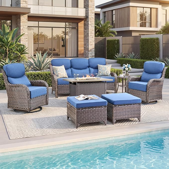 Luxury Patio Furniture Set with 6-inch Thick Cushion, Outdoor Furniture with Fire Pit Table, Swivel Chairs, Sofa, Side Table, Ottomans, 7pcs Wicker Conversation Set for Deck Yard and Poolside(Blue)