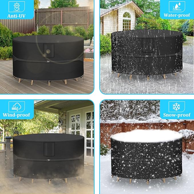 RICHIE Round Patio Furniture Covers - 600D Heavy Duty Waterproof Outdoor Table Cover, Lawn Furniture Set Covers for Dining Table and Chairs Seating 72"DIAx28"H