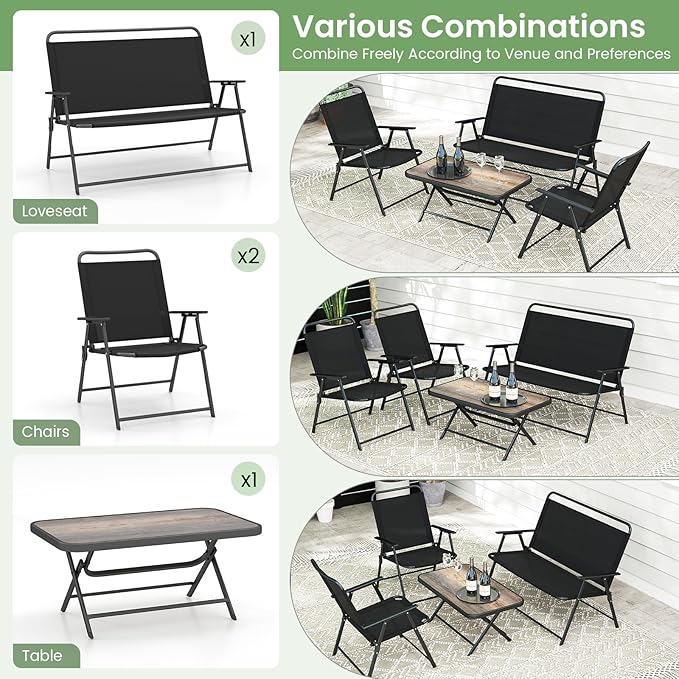Tangkula 4 Piece Folding Patio Furniture Set, Metal Chair & Table Set with Breathable Fabric Seat, Outdoor Sectional Conversation Set with 2 Patio Chairs, Loveseat, Coffee Table for Yard Porch Deck