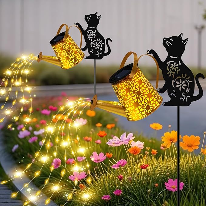ZFNN Solar Garden Decor Lights, Outdoor Waterproof Solar Watering Can with Cascading Lights, Metal Cat Silhouette Stake Yard Art for Outside Lawn Patio, Unique Gardening Gifts for Women Mom