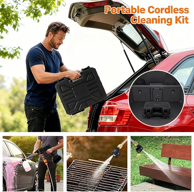 Portable Cordless Cleaning Kit,Handheld Car Cleaner Machine with 6-in-1 Nozzle,16.4FT High-Elastic Hose,Foam Pot,Water Spray Gun for Car,Garden,Floor,Home,Outdoor Cleaning
