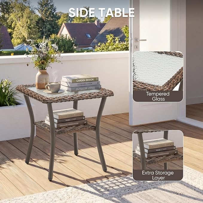 Patio Furniture Set - 7 Pieces All Weather Wicker Outdoor Furniture with 2 Swivel Chairs, 2 Ottomans, 1 Sofa, Side Table and Fire Pit Table, Ergonomic Design for Porch, Deck, and Backyard(Beige)
