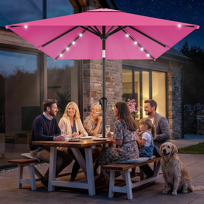 AreShark 6.5' x 10' Rectangular Patio Umbrella with Solar Lights, Solar Powered Lighted Market Umbrella w/Tilt and Crank, Outdoor Table Umbrella for Garden, Deck, Backyard, Pool and Beach, Rose Pink