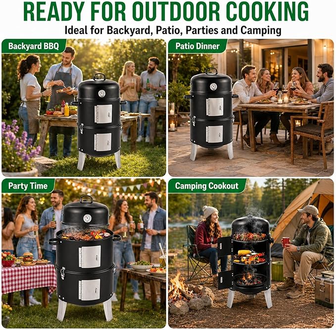 16.5 Inch Charcoal Smoker for Meat, Vertical Smoker Grill, Small Smoker for Backyard, Patio and Parties | 4-in-1 BBQ Smoker with Built-In Thermometer, Adjustable Air Vent, 2 Cooking Racks