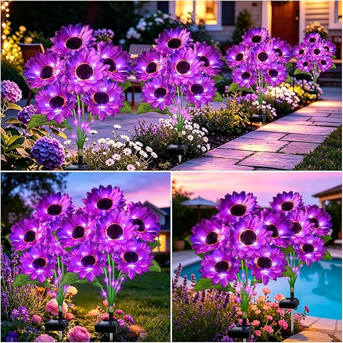 VOOKRY Solar Garden Lights Outdoor, 4 Pack Purple Sunflower Lights with 24 Flowers, Waterproof Summer Garden Decor Solar Flowers for Yard Backyard Patio Flowerbed Yard, Gift for Mom Women
