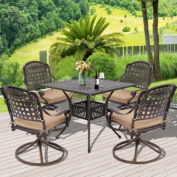 Grepatio 5 Piece Cast Aluminum Patio Dining Set Outdoor Furniture Set with 4 Mesh Swivel Rocker Ding Chairs, 4 Cushions and 35.4" Square Patio Table with 2.4"Umbrella Hole, Antique Bronze (Grid Khaki)