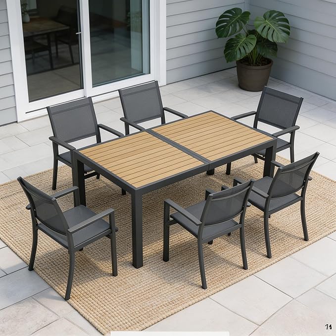 Patio Table and Chairs Set for 6, Outdoor Patio Furniture Set with Aluminum Table and Metal Textilene Chairs, All-Weather Outdoor Dining Set with HDPS Rectangular Tabletop for Garden Porch