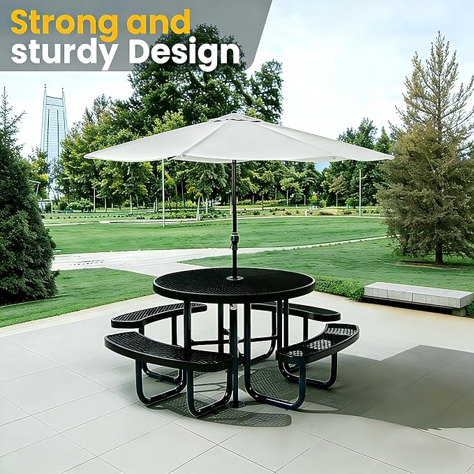 Garvee Heavy Duty Metal Picnic Tables for Outdoors with Umbrella Hole, 46" Round Top Patio Table Coated Steel Commercial Grade Furniture Set Weather & Rust Resistant (Expanded Steel, Black)