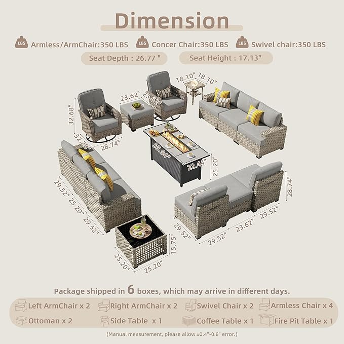 15-Piece Outdoor Sectional Sofa Set w/ 54" Fire Pit – L-Shaped Wicker Patio Furniture, Deep Seating & Swivel Rockers, Dark Grey