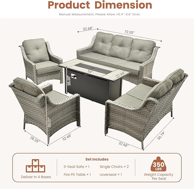 HOOOWOOO Patio Furniture Set,5 Pieces Wicker Outdoor Furniture,High Back Conversation Set with All Weather Resistant Fire Pit Table Couch Loveseat Chairs,Dark Gray