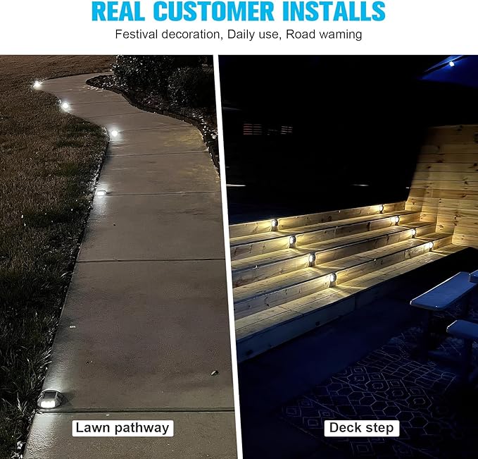 VOLISUN Solar Deck Lights Driveway Dock Light, 12-Pack Led IP68 Waterproof Outdoor Warning Step Lights for Driveway Sidewalk Garden Pathway Yard(Warm White, Auto On/Off