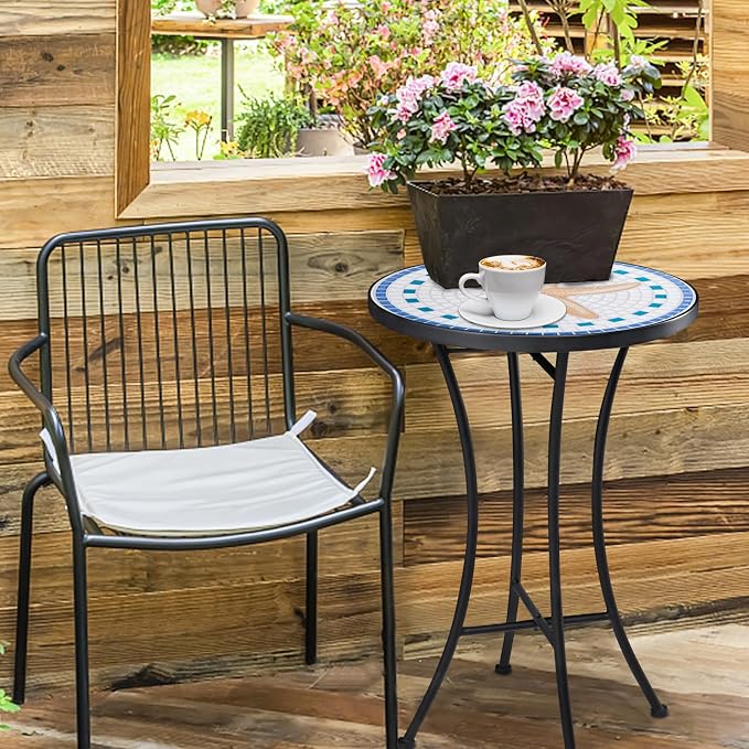 MUMTOP Mosaic Outdoor Side Table, 14" Round Folding Plant Stand for Patio Garden Backyard Balcony Porch Indoor Accent End Table for Living Room, Ceramic Tabletop with Black Iron, Starfish