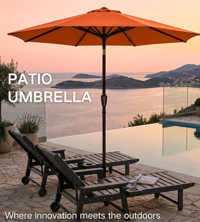 PatioKingdom 9FT Patio Outdoor Umbrella-UPF 50+ Sun Shade with Wind Vent, Push-Button Tilt & Smooth Crank Lift, Rust-Resistant Fiberglass Frame for Garden, Backyard,Yard (Orange)