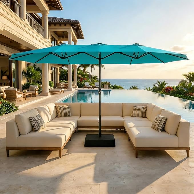 GarveeLife 15 ft Large Patio Umbrella with Lights, 36 LED Lights Double-sided Patio Umbrella with Weighted Base for Poolside Garden Backyard