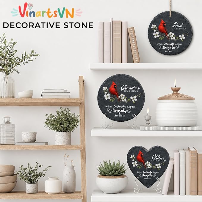 Memorial Garden Stones for Loved Ones, Red Cardinal Garden Stones in Memory of Dad Mom, Bereavement Sympathy Gift for Loss, Weatherproof Outdoor Memorial Plaque Stone, Remembrance Natural Stone