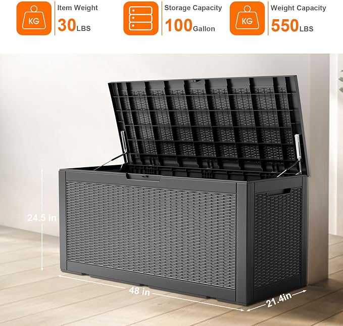 ROJIK 120 Gallon Waterproof Outdoor Deck Storage Box, Lockable Resin Patio Storage Bin with Lid for Garden Tools, Patio Cushions & Outdoor Accessories (Black)