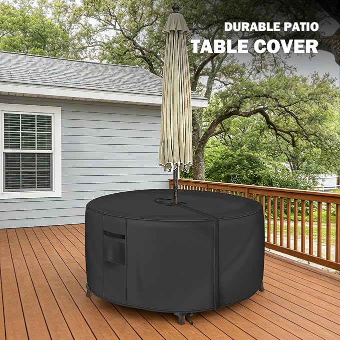Round Patio Table Cover with Umbrella Hole - 24" Dia x 28" H (Cover Size,NOT Table Size) Heavy Duty Waterproof 600D Oxford Fabric Outdoor Lawn Patio Furniture Covers