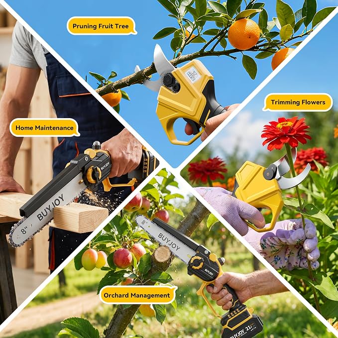 BUYJOY 4-in-1 Electric Pruning Shears & 8 Inch Pole Saw Combo, 1.8" Cutting Diameter Cordless Pruner, 2×4.0Ah Batteries, Adjustable Branch Cutter for Tree Trimming and Garden Pruning