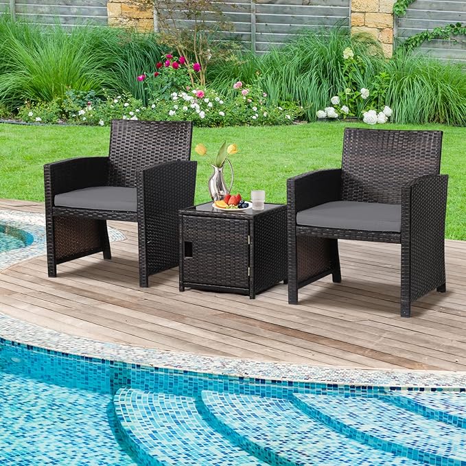COSTWAY 3 Pieces Patio Rattan Furniture Set, Outdoor Wicker Cushioned Chairs Set with Side Storage Table, Patio Conversation Sets for Backyard, Poolside, Front Porch, Balcony, Garden, Grey