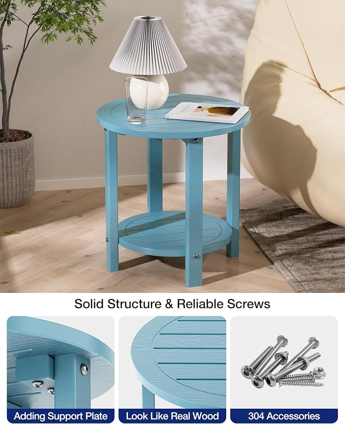 YEFU Outdoor Side Table for Patio: 16in HIPS Small Round Outdoor End Table - 2-Tier Adirondack Tables for Porch Patio Yard Poolside Living Room Beach Bedroom (Blue, 2 Pack)