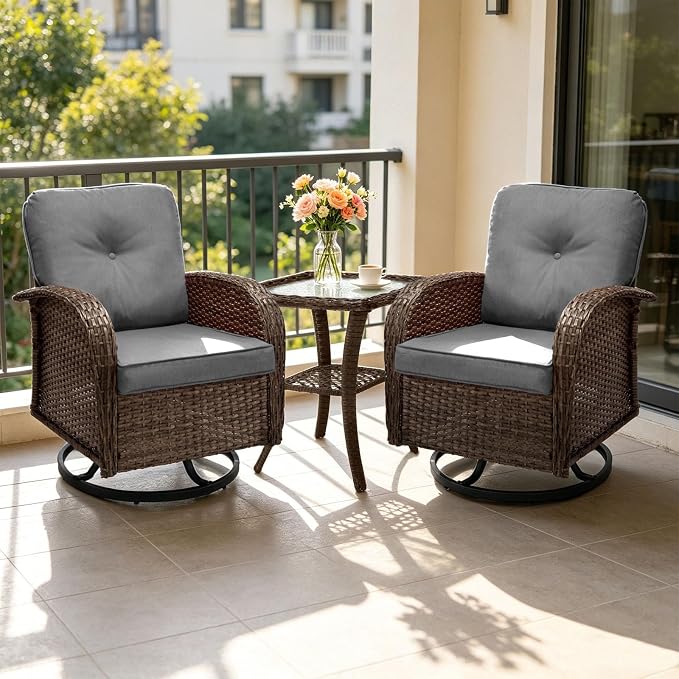 SHGJ&SOFT All Weather Patio Furniture Set, High Back Swivel Rocker Glider Chairs,Ottomans & Glass Tables, Outdoor Conversation Set for Deck Porch Yard Poolside (Grey, 3PCS-Swivle Chairs&Table)