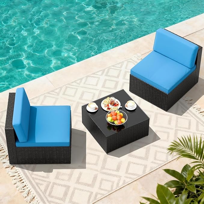 Devoko 3 Pieces Outdoor Patio Conversation Sets, Couch Sectional Sofa Rattan Chair Wicker with Tea Table, Furniture Bistro Sets for Garden,Balcony,Backyard, Blue