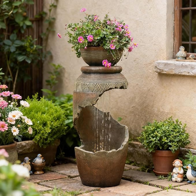 Sunlinua Outdoor Water Fountain with LED Light, Modern Spiral Tiered Outdoor Fountain with Stone Planter Curved Freestanding Waterfall Fountains for Garden Patio Deck Porch