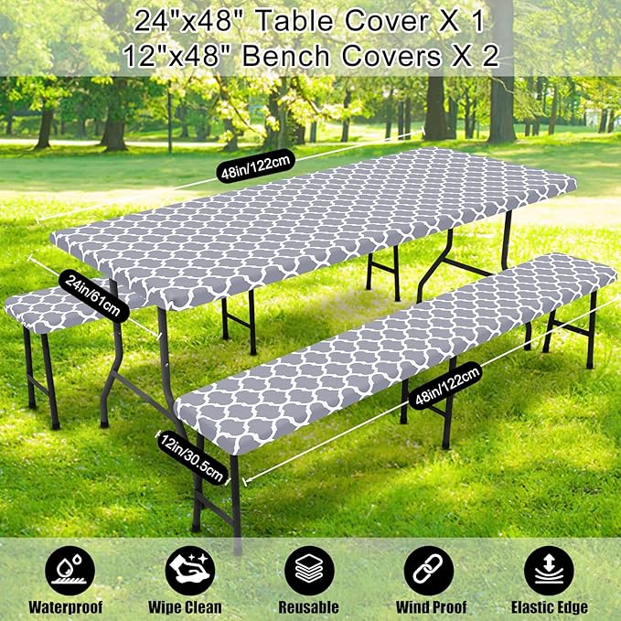 Smiry Picnic Table Cover with Bench Covers, Waterproof Elastic Fitted Tablecloth for 4 Foot Tables, Washable Polyester Tablecloths for Camping, Indoor & Outdoor (Grey, 24x48 Inch 3-pc Set)