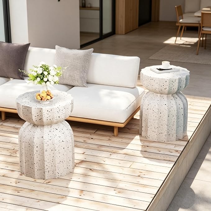 35.43" Concrete Outdoor Table,Modern Round Stone Coffee Table,Waterproof Outdoor Coffee Table for Patio for Terraces, Gardens, Backyards and Living Rooms (White, 13"*13 * 17)