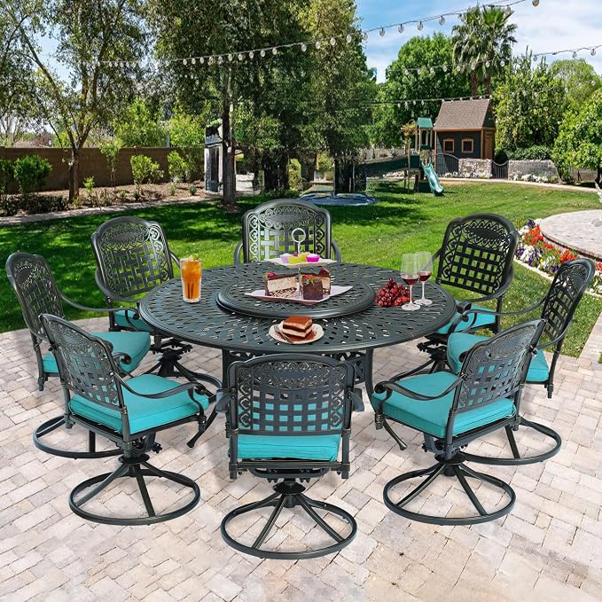 9-Piece Patio Cast Aluminum Dining Set, Outdoor Dining Furniture Set for 8 Person, Includes 8 Swivel Dining Chairs and 61" Round Dining Table w/ 31" Lazy Susan, Umbrella Hole, Ocean Blue