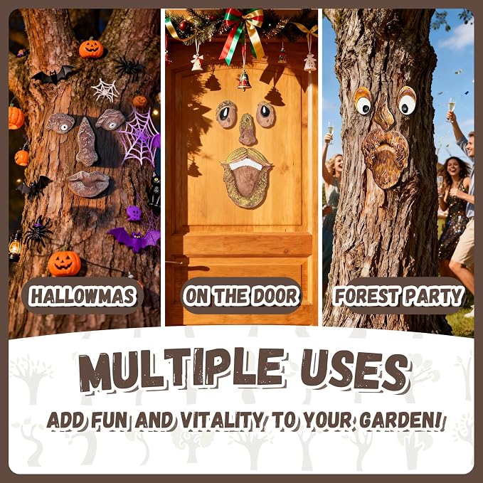 4 Pack Tree Faces Decor Outdoor, Tree Face Outdoor Statues Old Man Trees Hugger Yard Art Garden Decoration with 16 Screws, Trees Decorations Outdoor for Halloween Easter Spring Decoration