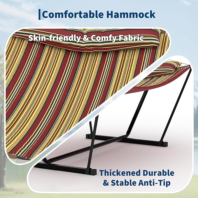 2 Person Double Hammock with Adjustable Steel Stand & Pillow, Heavy Duty Portable Outdoor Hammock Set, MAX 450 LBS Weight Capacity for Patio, Garden, Beach, Backyard