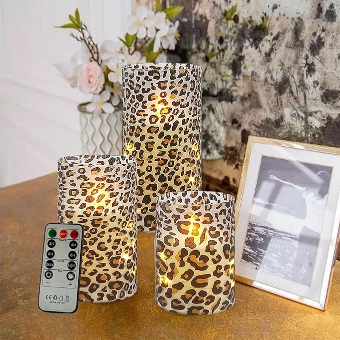 Flickering Flameless Candles, Recessed String Light LED Candles 3D Wick Acrylic Battery Operated LED Pillar Candles with Remote and Timer for Modern Simple Home Decor Set of 3(Leopard)