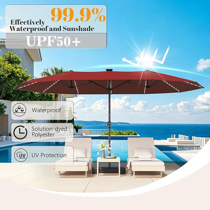 GDPFN 13ft Rectangular Patio Umbrella with Solar LED Lights, Double-Sided Outdoor Market Umbrella with Base Included, Extra Large Shade for Pool, Deck, Backyard, Garden, Burgundy