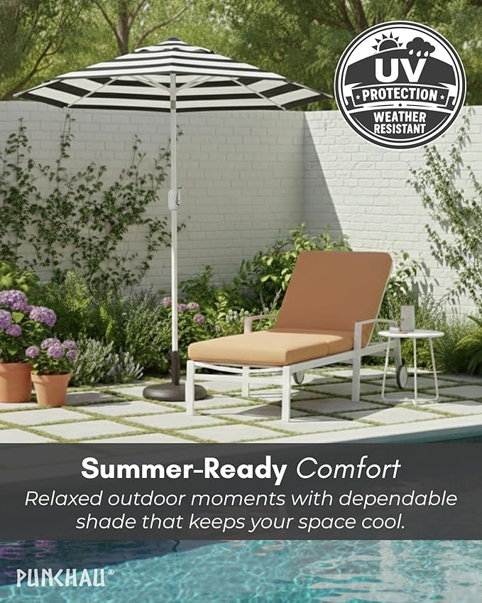 6 Ft Boho Outdoor Patio Umbrella, 6 Foot Patio Table Umbrella, Easy Open/Close Crank and Push Button Tilt Adjustment, Black & White Striped