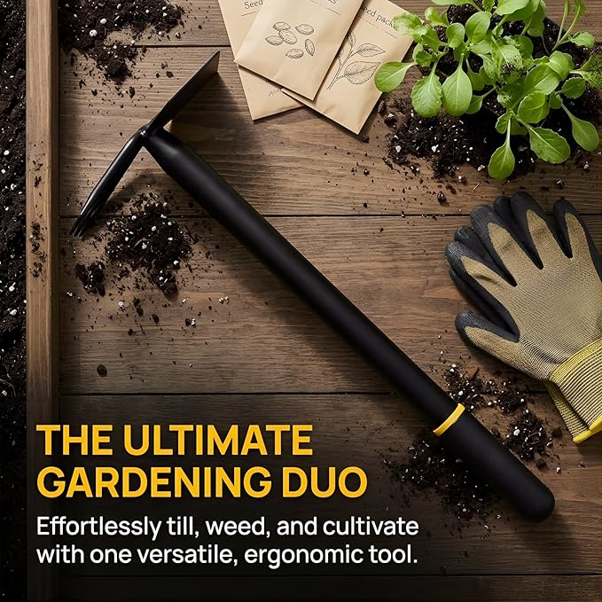 Garden Hoe and Cultivator, Heavy Duty Garden Tool, Manganese Steel Hand Hoe Garden Tool for Loosening Soil, Digging,Planting and Weeding,Ergonomic Handle for Garden,Yard,No Assembly Required