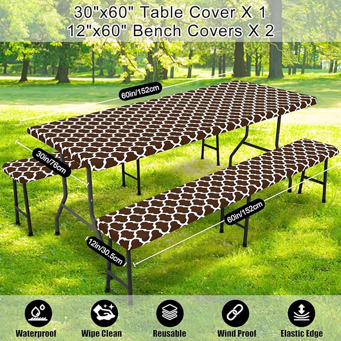 Smiry Picnic Table Cover with Bench Covers, Waterproof Elastic Fitted Tablecloth for 5 Foot Tables, Washable Polyester Tablecloths for Camping, Indoor & Outdoor (Coffee, 30x60 Inch 3-pc Set)