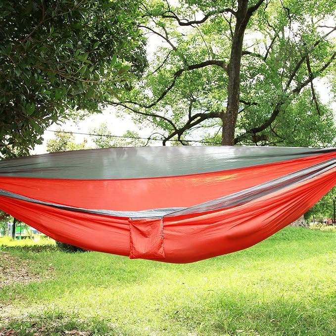 Portable Camping Travel Single Hammock, Lightweight Hanging Bed with Tree Straps and Metal Buckles, 300kg Capacity Nylon Hammock for Outdoor Hiking Backpacking (with Tree Gray and Orange)
